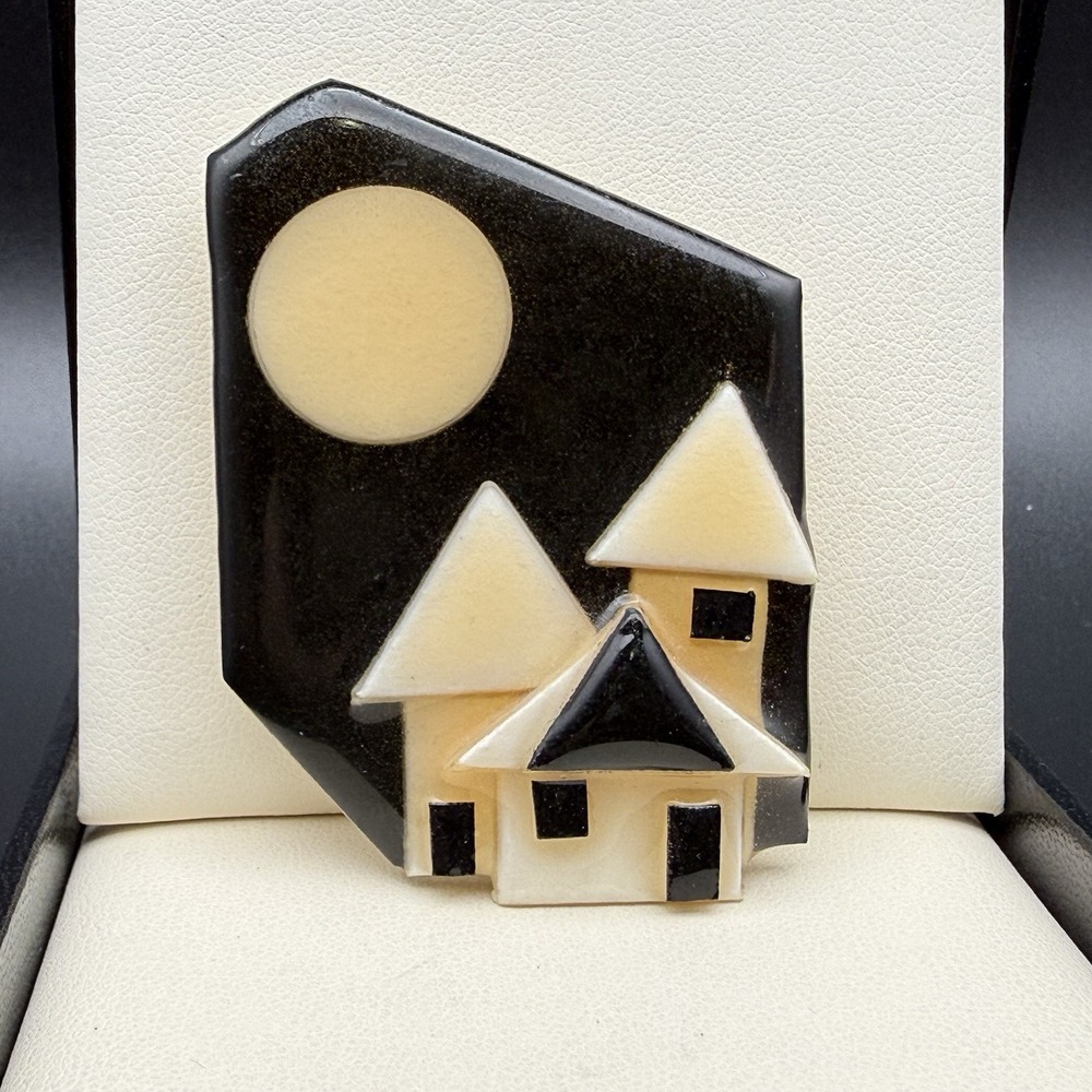 Vintage House Pins by Lucinda Full Moon Halloween Brooch Maine Artisan Folk Art